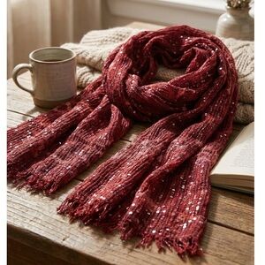Lauren Ralph Lauren Burgundy Crinkled Sequin Scarf with Fringe Detail